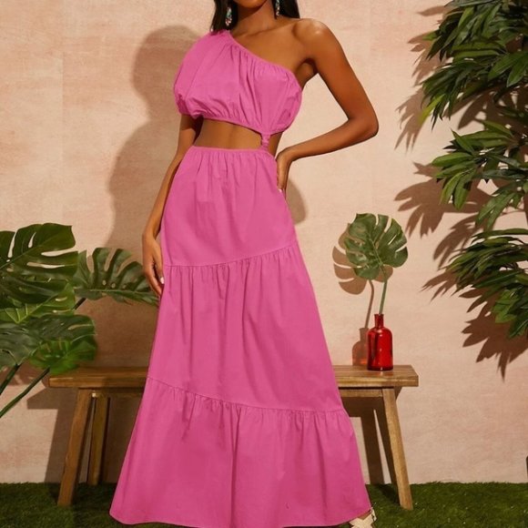 Private Label Dresses & Skirts - PINK PUFF SLEEVE ONE SHOULDER WAIST CUT OUT DETAIL MAXI DRESS SUMMER VACAY